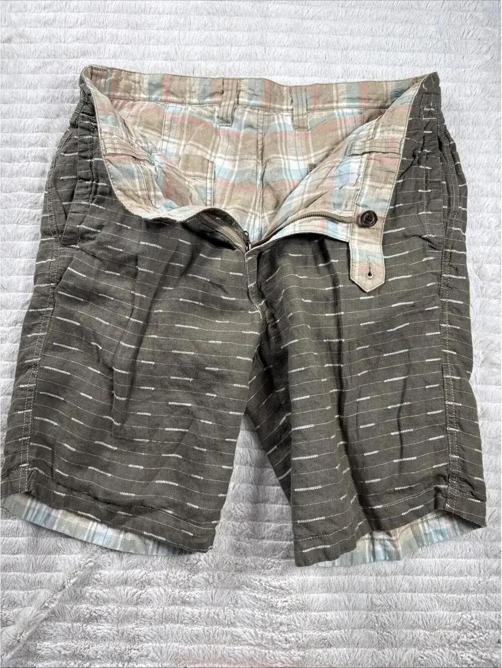 Tommy Bahama Shorts Mens‎ 32x9” Beige Plaid Reversible Green 100% Linen Summer
